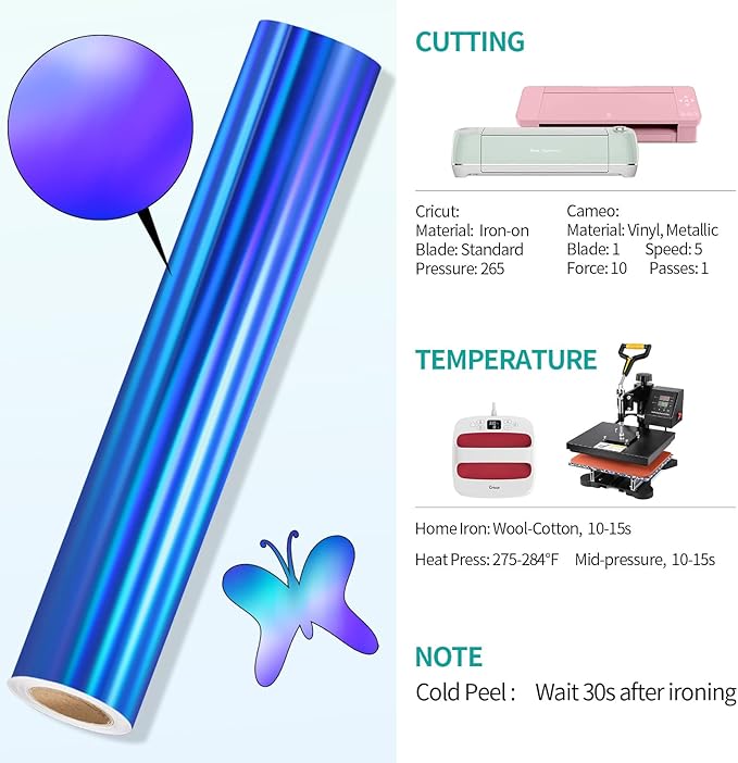 VINYL FROG Holographic HTV Vinyl Roll 12" x5ft Blue Metallic Heat Transfer Vinyl Iron on Vinyl Easy to Cut & Weed DIY Heat Press Design for T-Shirts