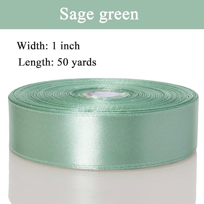 1 Inch Sage Green Solid Satin Ribbon, 50 Yards Craft Fabric Ribbon for Gift Wrapping Floral Bouquets Wedding Party Decoration