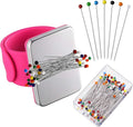 Magnetic Wrist Sewing Pincushion with 100 Pieces 1.5 Inch Ball Head Sewing Pins Set Wrist Magnetic Pin Holder Gift Supplies(Rose Red)