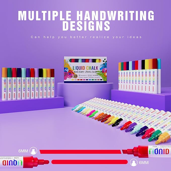 Chalk Markers for Blackboard 24 Colors Wet-Dry Erasable Liquid Chalk Marker, Dust Free Chalk Pen with 6mm Reversible Bullet & Chisel Tip for Car, Window, Glas, Whiteboard, Chalkboard, Mirror, Calendar