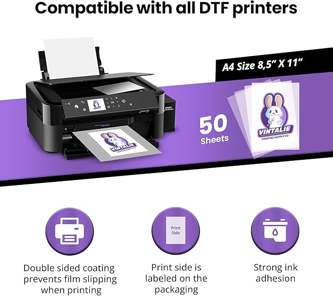 Vintalie DTF Transfer Film – A4 (8.5”x11”)50 Sheets Premium Matte Double Sided DTF Film PET Transfer Paper Direct to T Shirts