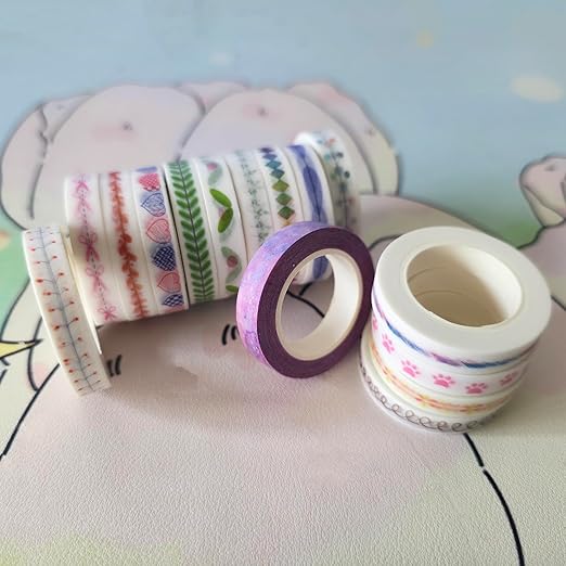 15 Rolls Slim Washi Tape Set, Leaves, Floral, Aesthetic Strips, Cute Pink Dog Paws, 0.3" (8mm) Wide, Long Nature Decorative Tape for DIY Crafts, Junk Journaling, Planners, Gift Wrapping Masking Tape