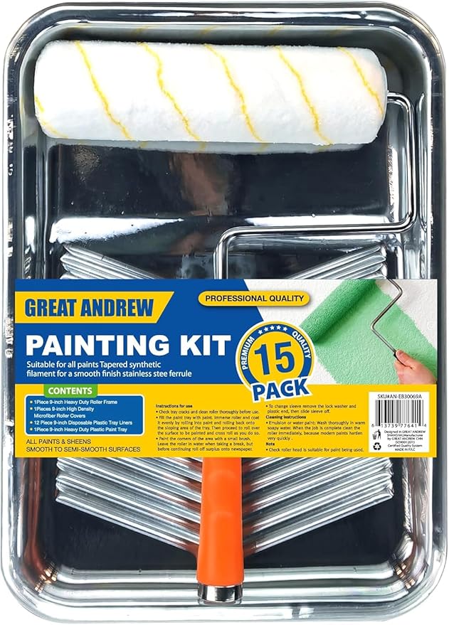 Great Andrew 9 Inch Paint Tray Set, 15-Pack, Plastic Paint Tray with 12 Textured Tray Liners, Paint Roller Liners Kit with Roller and Wire Roller Frame for Painting Walls, Ceilings, Trim, Siding