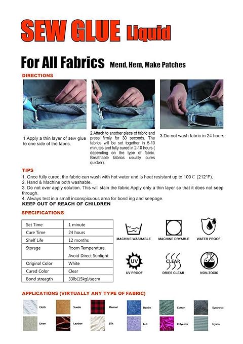 1 Min Quick Bonding Fast Dry Sew Glue Liquid Natural Latex Art Glue Reinforcing Adhesive Speedy Fix for All Fabrics Clothing Cotton Flannel Denim Leather Polyester Doll Repair (60ml+120ml)