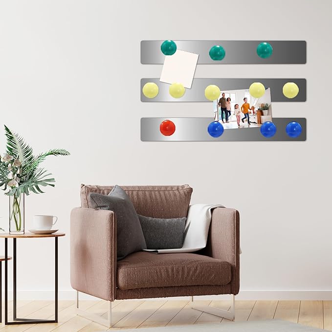 6Pcs 15''L x 1.97''W Frameless Magnetic Bulletin Strip with 48pcs Magnets, Self Adhesive Backing Stainless Iron Bar Memo Board for School, Home, Office