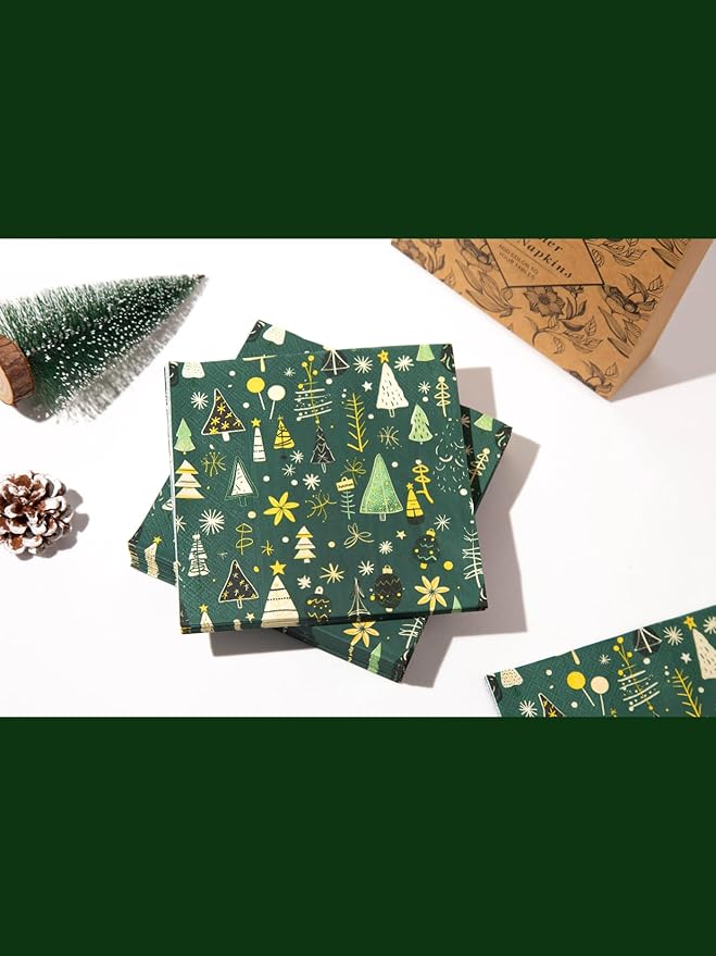 Premium Designer Paper Napkins, 3-Ply 6.5 x 6.5-inches Fold Disposable Decorative Winter Guest Christmas Holly Green Festive New Year Tree Party Lunch Dinner Napkin (50, Festive Green)