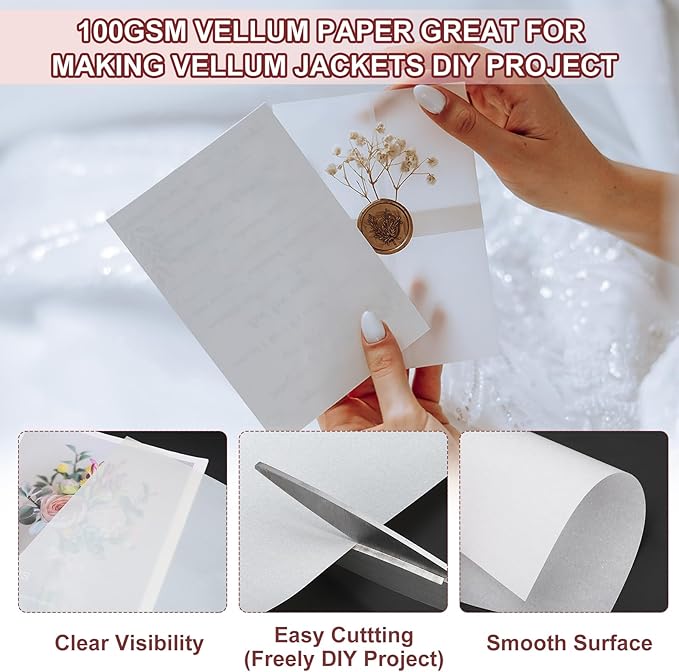 PATIKIL 30 Sheets Vellum Paper 4.25x5.5inches, Vellum Printable Translucent Paper 100GSM Colored for Invitations Laser Inkjet Printing Card Making Crafting Wedding Tracing, Gold Tone