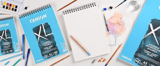 Canson XL Watercolour 300gsm A3 Paper, Cold Pressed, Spiral Pad Short Side, 30 White Sheets, Ideal for Professional Artists