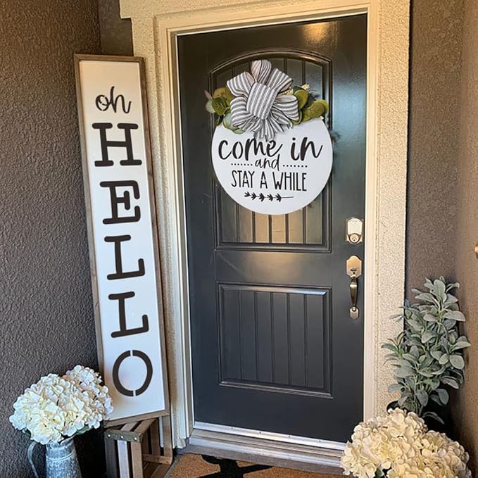 Welcome Stencils for Painting 12” Oh Hello Stencils Welcome-ish Stencil Gather Plastic Templates for Drawing on Wood/Mat/Round Door Hanger