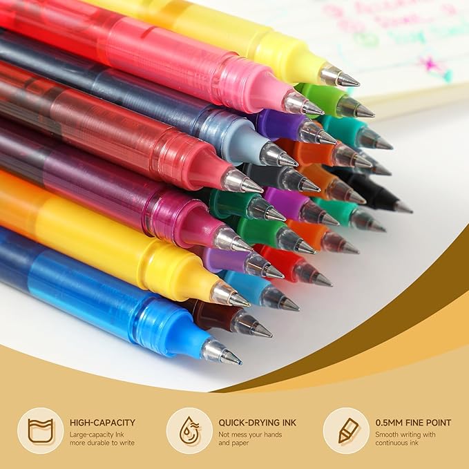 RIANCY Fine Point Colored Pens 12 Colors 0.5mm Gel Ballpoint Pens Assorted Colors Liquid Ink Pens No Smear Vibrant Colorful Writing for Journaling Note Taking Doodling Coloring Office School Supplies