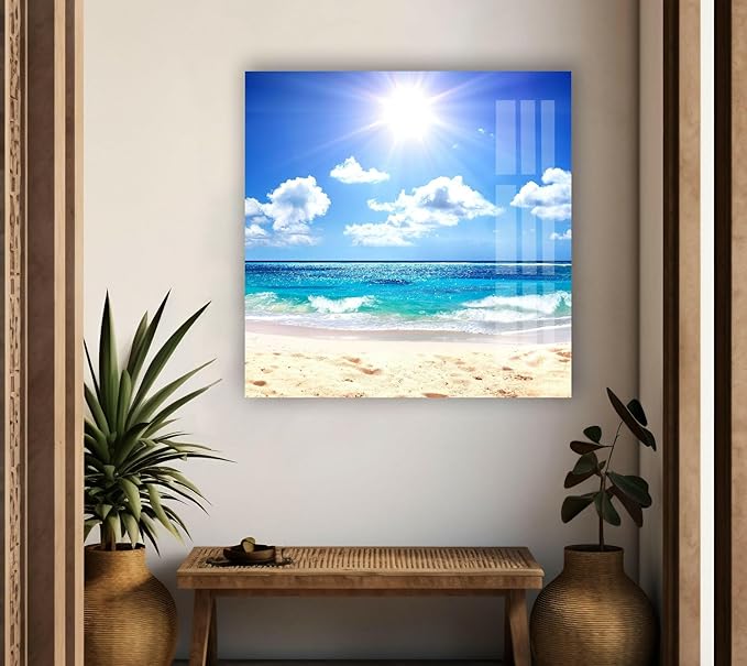 My Photostation.com Round 31,5'' Summer Beach Landscape Glass Wall ArtTempered Glass Printing Wall Decor Large Wall Art Wall Hangings