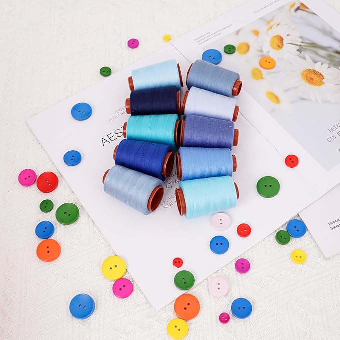 10 Pcs Sewing Thread, All Purpose Sewing Thread, 10 Spools Assorted Colors Each 800 Yards of Polyester Threads for Sewing Machine, Hand Stitching, Quilting, Serger (Blue Color System)