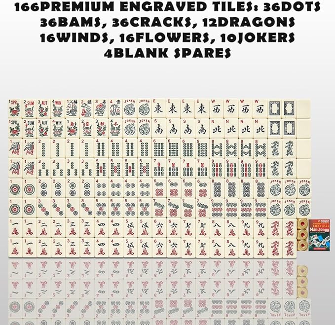 American Mahjong Tiles,166 Quality Ivory Tiles with 3 Golden Dices & Rules Instruction