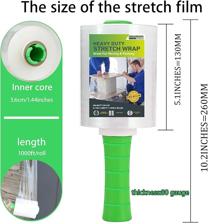 Mini Clear Stretch Wrap Film roll,5''x1000ft,4 Packs with 1 Plastic Handle,Self Adhering Industrial Plastic Wrap for Pallet Wrap,Heavy Duty Packaging,Moving,Transparent Shrink Wrap,80 Gauge
