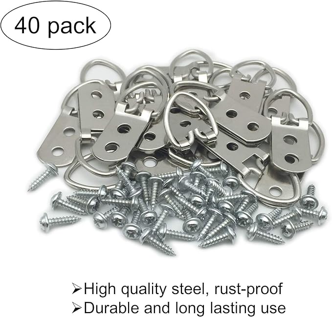 40 Pack D-Ring Steel Picture Hangers Heavy Duty with Screws Picture Frames Double Holes Clasp Picture Hang Solutions
