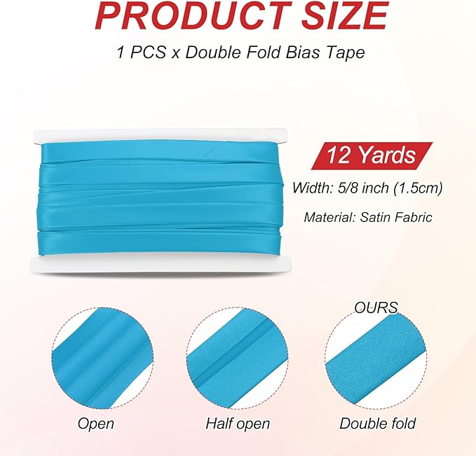 MECCANIXITY Double Fold Bias Tape for Sewing 5/8 Inch x 12 Yards Satin Pre-fold Continuous Binding Tape for Seaming Quilting Hemming Binding DIY Crafts, Blue