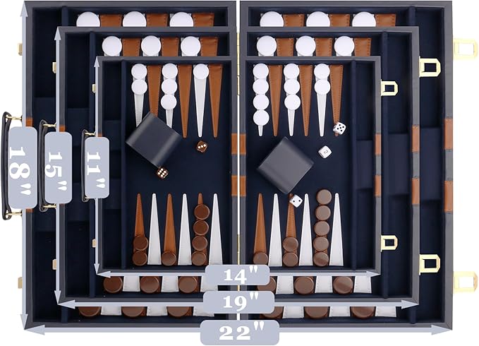 Backgammon Set - Classic Board Game with Premium Leather Case - Portable Travel Strategy Backgammon Game Set for Adults, Kids - Suitable as (11inch, Navy)