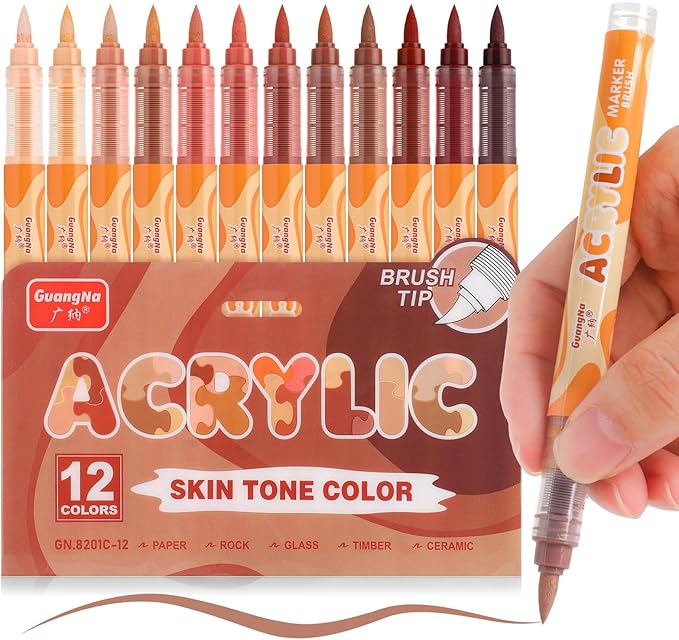 Guangna Acrylic Paint Markers 12 Colors, Skin Tone Series Set with Soft Brush Tip Water Based, Fine Tip Markers for Wood, Canvas, Rock Painting, Glass, Diy Crafts, Fabric Paint