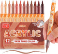 Guangna Acrylic Paint Markers 12 Colors, Skin Tone Series Set with Soft Brush Tip Water Based, Fine Tip Markers for Wood, Canvas, Rock Painting, Glass, Diy Crafts, Fabric Paint