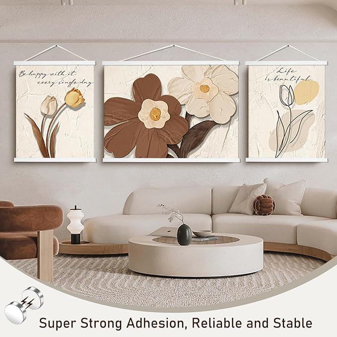 Artmag Magnetic Poster Hanger Frame, 8x10 8x12 8x24 Light Wood Wooden Magnet Canvas Artwork Print Poster Hangers Frames Hanging Kit (White, 8")