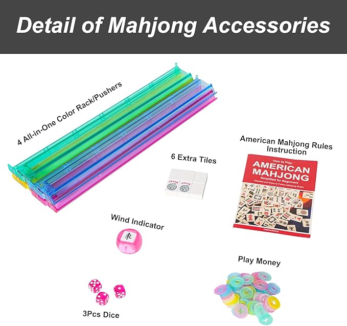 American Mahjong Game Set, 166 White Tiles, 4 All-in-One Color Rack/Pushers, Complete Mahjong Set with Pink Printed Carrying Bag