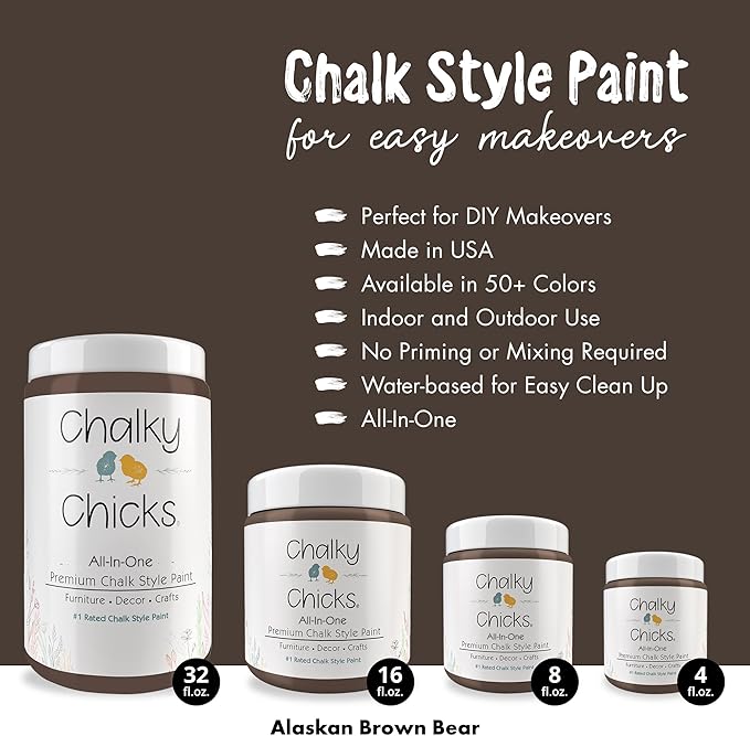 Chalky Chicks All-in-One Chalk Paint for Furniture or Cabinet - 8 Fl Oz - Matte Finish Alaskan Brown Bear for Metal, Wood Furniture Paint - No Sanding All-in-One for Home Decor & Crafts, USA Made