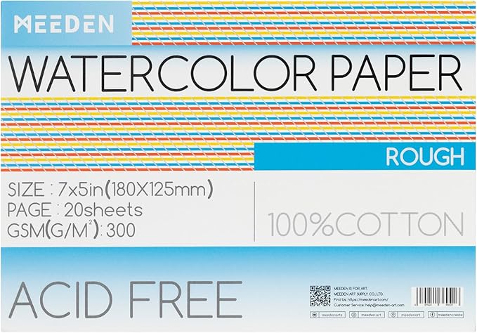 MEEDEN Watercolor Paper Block, 100% Cotton Watercolor Paper Pad of 20 Sheets, 140lb/300gsm, Acid-Free Art Paper for Watercolor, Gouache, Ink and More, 5" x 7" Rough Grain