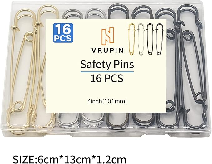 vrupin 16pcs Extra-Large 4inch Safety Pins for Crafting, Heavy Duty Blanket Pins Bulk Steel Fasteners for Blankets Crafts DIY Craftsmanship Skirts Kilts Brooch Making