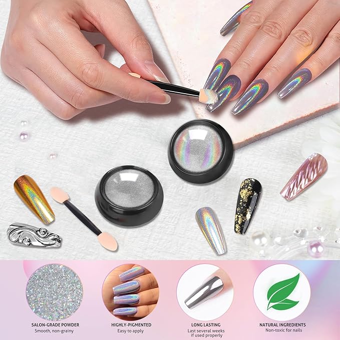 Gold Silver Chrome Nail Powder, 12 Colors Iridescent Holographic Unicorn Chrome Powder for Nails, Metallic Mirror Effect Rose Gold Champagne Nail Powder Pigment Glitter Foils Flakes Nail Art