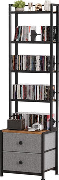 CD Storage Rack with Drawer, 5-Tier DVD Organizer Shelf w/Adjustable Book Stoppers, Media Storage Rack for CD/DVD, Books & Games, Ideal for Living Room & Home Office – 15.7x11.8x56.5Inches