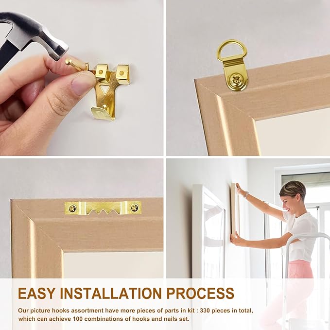330pcs Picture Hangers Kit - Holds 10-75lbs, With Hanging Wire, Ring Hooks, D Rings, Sawtooth Hangers for Frame, Canvas, Mirror Decoration
