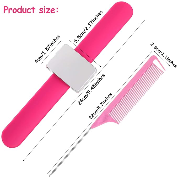 WILLBOND Magnetic Wrist Sewing Pincushion Wrist Magnetic Pin Holder Wristband Pin Cushion Holder with 3 Pcs Stainless Steel Pintail Comb Rat Tail Comb for Hair Clips Hand Sewing(Rose Red)