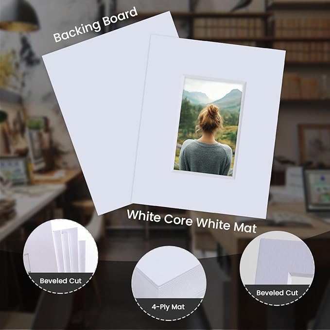 Falling in Art 5 Pack Acid Free 8x10'' White Picture Mats Board Show Kit for 4x6'' Photos, 4-Ply Beveled Pre-Cut Photo Mats with Backing Board for Frames, Artwork and Prints