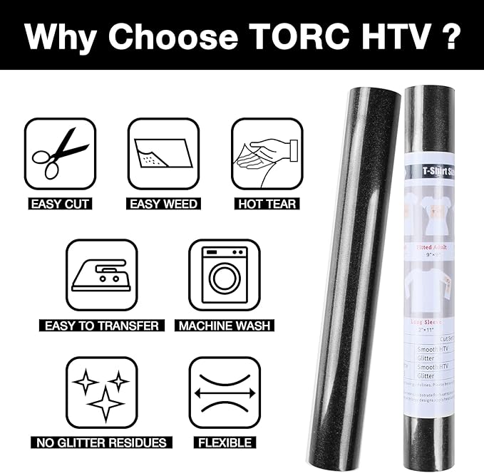 TORC Black Glitter HTV Heat Transfer Vinyl Roll 12 inch x 5 ft Iron on Vinyl for T Shirts Crafts