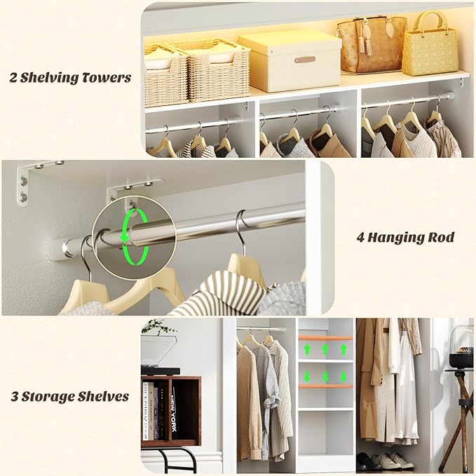 48" Small Closet Organizer, 4FT Small Closet System with 4 Closet Rods & 3 Shelves, 80"H Small Closet Organizers and Storage for Small Bedooms, Cloakrooms, Laundry Rooms, White