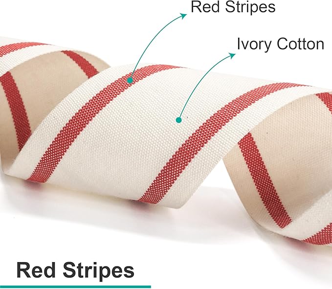 CT CRAFT LLC Ivory Cotton Red Stripes Ribbon 1.5" x 10 Yards for Home Décor Gift Present Wrapping DIY Crafts Birthday Wedding Bouquet Christmas