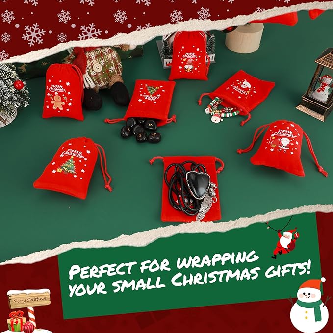 Tapleap Velvet Coth Christmas Bags with Drawstring, 50Pcs 3x4 for Wrapping Christmas Party Favors or Gifts for Friends, Children, Customers