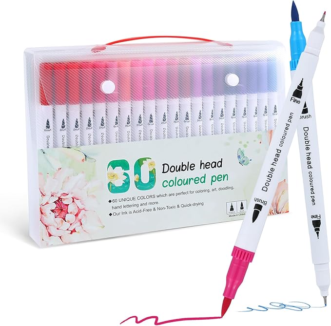 Water-based Ink Brush Markers Pens for Kids Adult, 60 Colors Dual Tip Drawing Markers for Sketching Coloring Note-taking Calligraphy, Office & School Supplies