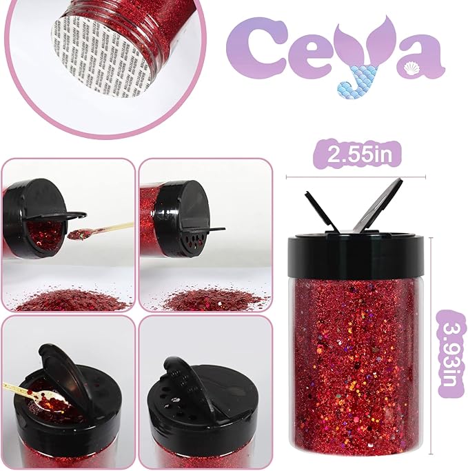 Ceya Holographic Chunky Glitter, 4.9oz/ 140g Wine Red Craft Glitter Powder Mixed Fine Flakes Iridescent Nail Sequins for Nail Art, Hair, Epoxy Resin, Tumblers, Slime, Painting, Festival Decor