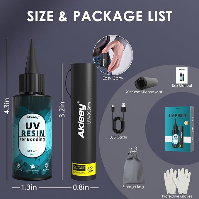 UV Resin Kit with Light, 50g UV Resin with Rechargeable 395NM UV Flashlight, Fast Curing in Seconds, UV Glue Adhesive for Bonding Jewelry, Plastic, Glass Repair, w/Mat, Gloves, Storage Bag