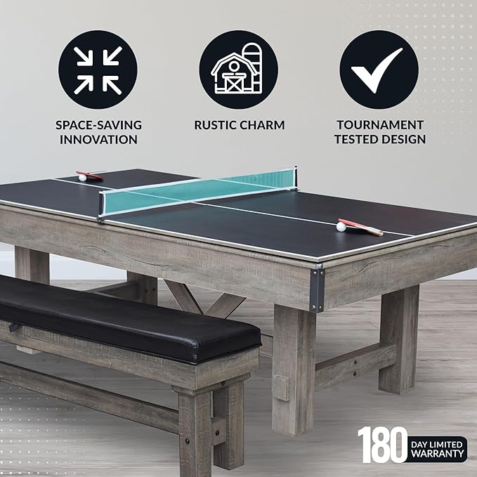 Hathaway Logan 7-ft Pool Table Combo Set with Benches - Rustic Gray with Blue Felt, Barnwood