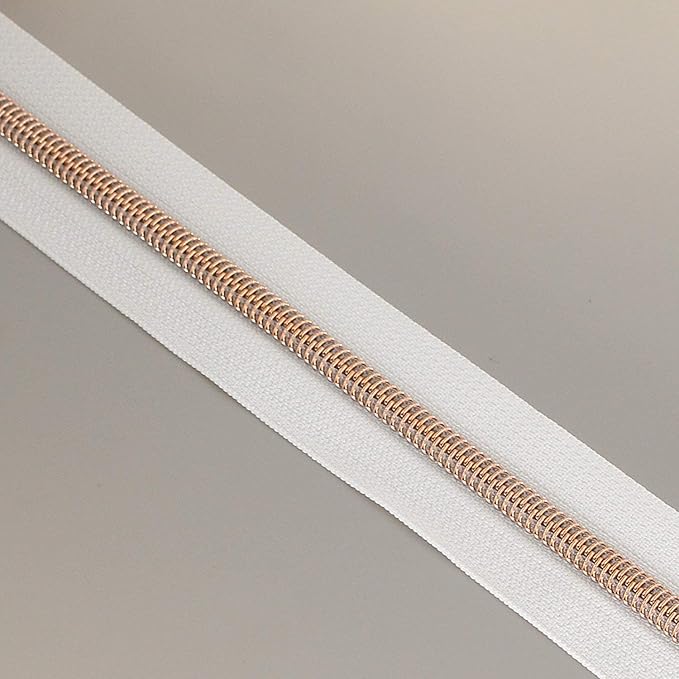 Leekayer #5 Rose Gold Metallic Nylon Coil Zippers by The Yard Bulk 10 Yards White Tape with 25pcs Rose Gold Sliders for DIY Sewing Tailor Craft Bag(White)