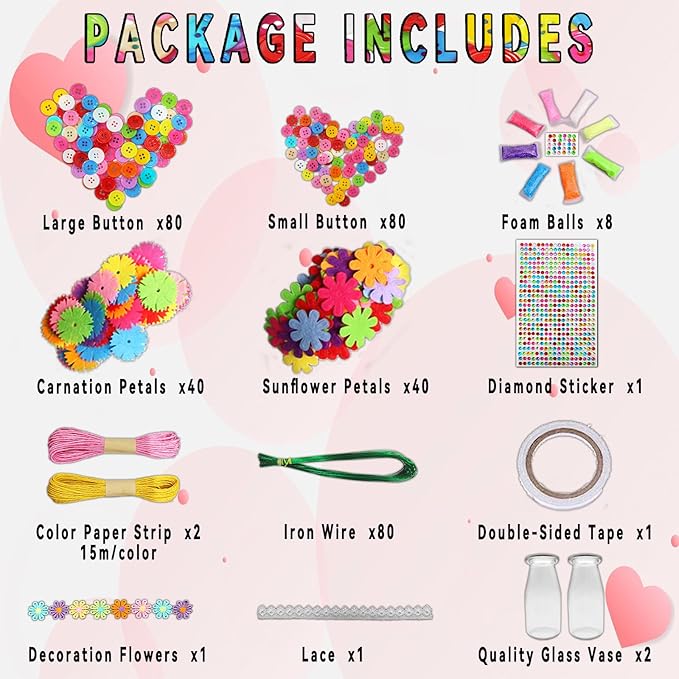 7july Crafts for Girls Ages 6-10 Make Your Own Flower Bouquet with Buttons and Felt Flowers, Vase Art and Craft for Children - DIY Activity Christmas Birthday Gift for Girls Age 6 7 8 9 10 Year Old