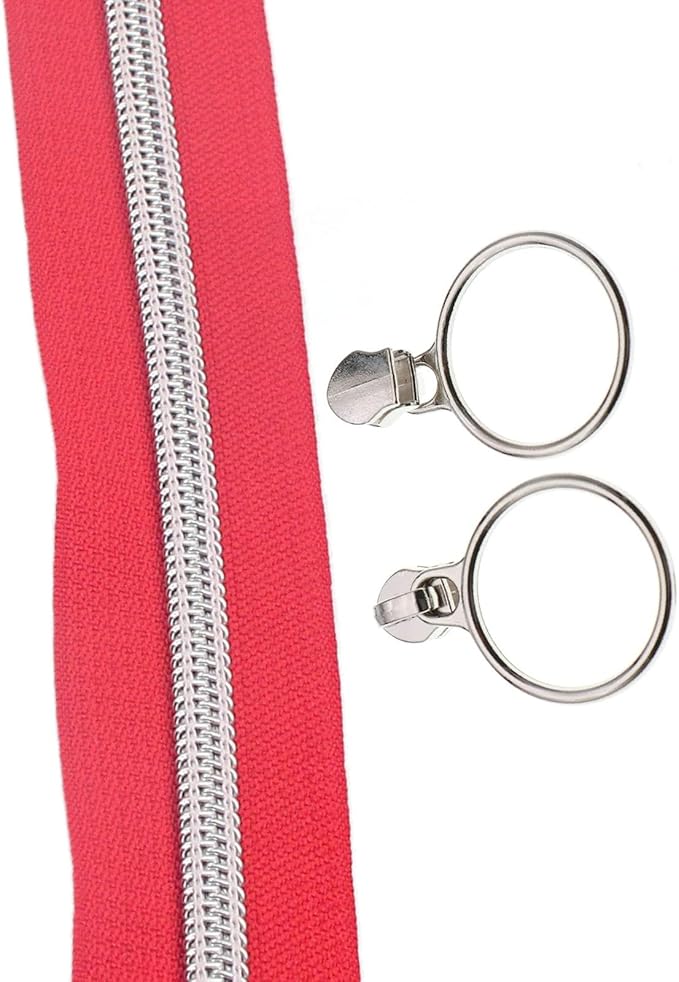 Leekayer #5 Silver Metallic Teeth Nylon Coil Zippers by The Yard Bulk 10 Yards Red Zipper Tape with 25pcs Silver Ring Pull Sliders for DIY Sewing Tailor Craft Bag(Red)