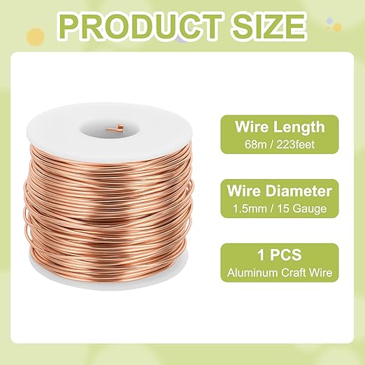 MECCANIXITY 15 Gauge Anodized Aluminum Craft Wire Bendable Bonsai Training Wire 223 Feet 1.5mm for Sculpting Crafts Wreath Floral Beading Jewelry Making, Copper Tone