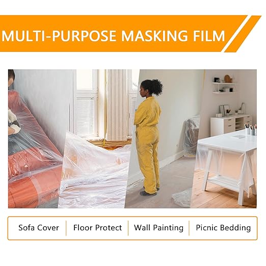 Pre-Taped Masking Film for Painting 59inx65ft Plastic Painters Sheeting Tape and Drape Painters Paper Rolls for Automotive Painting Covering (4 Rolls+2 Tapes)