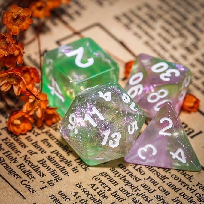 7-Die DND Dice Set Polyhedral Dice Set with a Leather Dice Bag, D&D Dice Set for Dungeons and Dragons, RPG Table Games (Green Pink/Glitter)