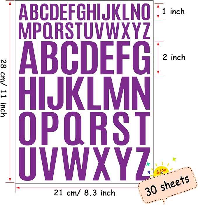 Bemeol Letter Stickers 1560 Pieces 30 Sheets Stick on Vinyl Letters Capital Alphabet Sticker Letter for Craft Bulletin Boards Classroom Home Business Decor(Purple,1 Inch,2 Inch)