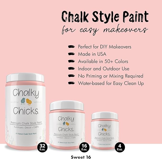 Chalky Chicks All-in-One Chalk Paint for Furniture or Cabinet - 32 Fl Oz - Matte Finish Sweet 16 (Pink) for Metal, Wood Furniture Paint - No Sanding All-in-One for Home Decor & Crafts, USA Made