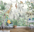 Kids Wallpaper Tropical Leves and Safari Animals Wall Mural for Wall Bedroom Living Room TV Background Sofa Wall（Not Peel and Stick）